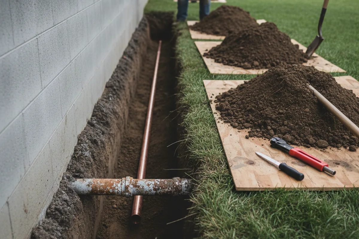 Excavated water line trench during Sewer Line Repair in Vancouver